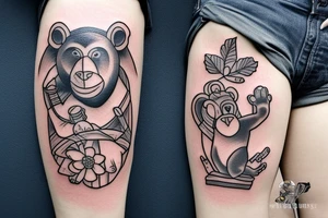 Bear with a cat, a monkey, and a bumblebee tattoo idea