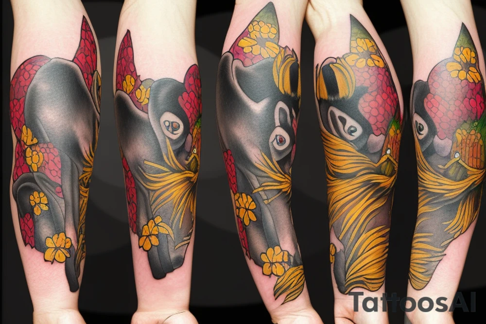 Bear with a cat, a monkey, and a bumblebee tattoo idea
