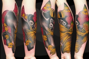 Bear with a cat, a monkey, and a bumblebee tattoo idea