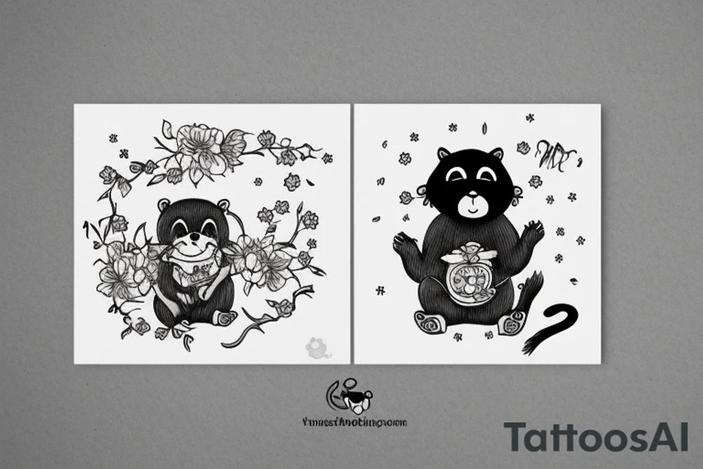 Bear with a cat, a monkey, and a bumblebee tattoo idea