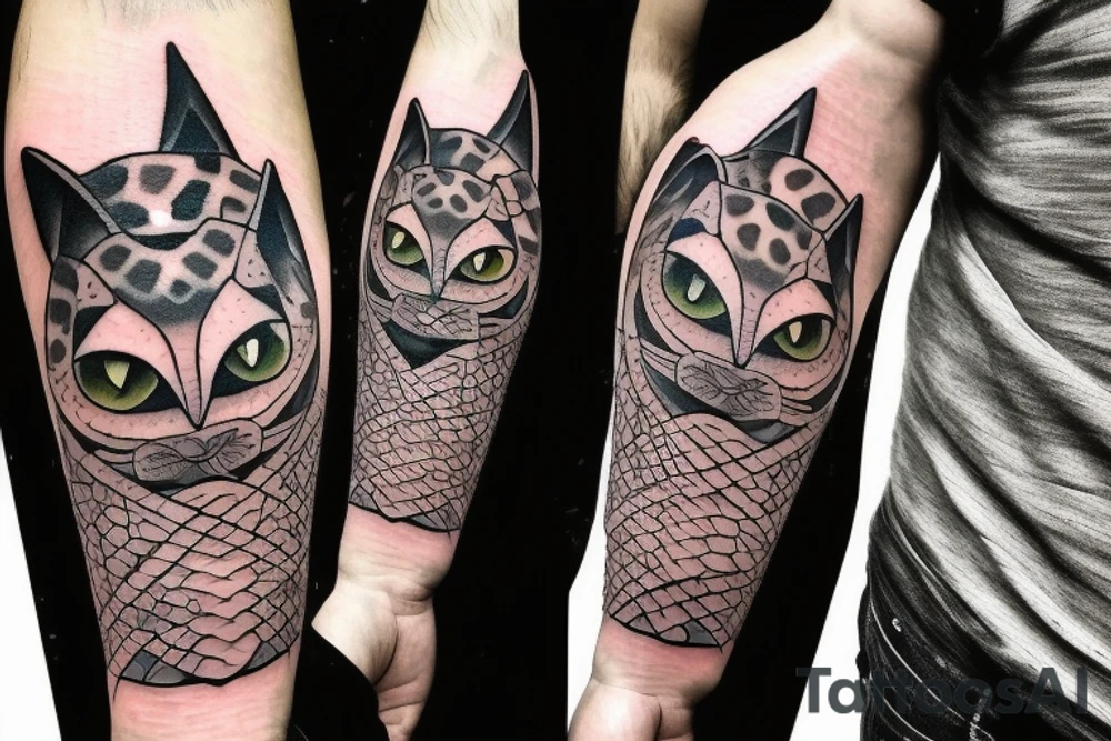 a snake, cat, and a bat tattoo idea