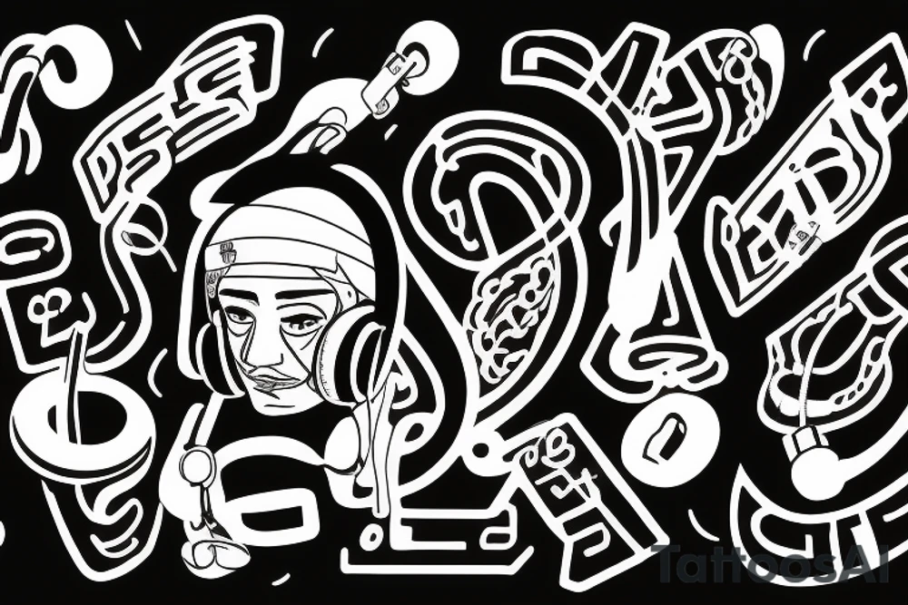 "Guizbo" with headphone cable as letters and headphones music themed tattoo idea