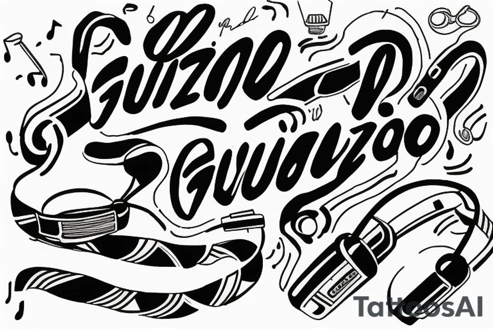 "Guizbo" with headphone cable as letters and headphones music themed tattoo idea
