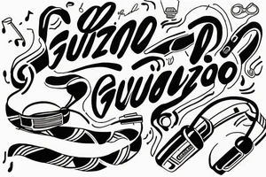 "Guizbo" with headphone cable as letters and headphones music themed tattoo idea