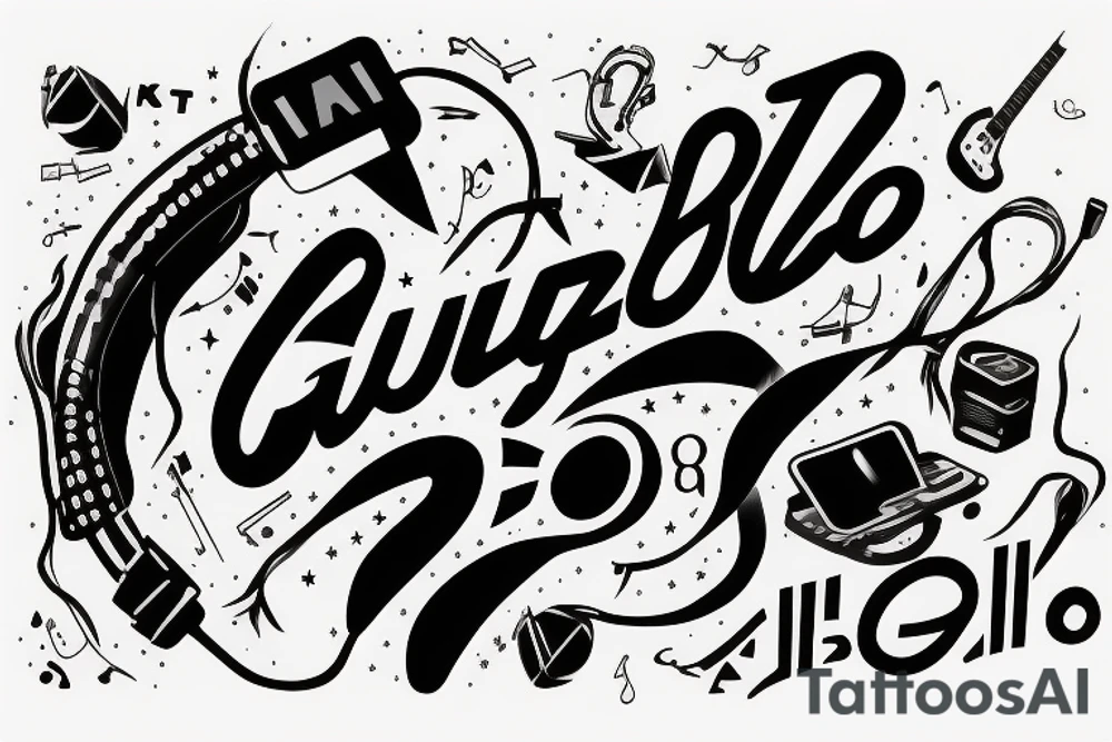 "Guizbo" headphone jack cable as lettering music themed rock and roll tattoo idea