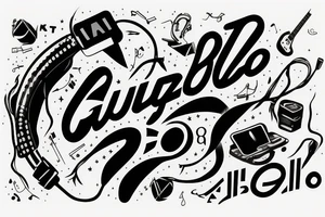 "Guizbo" headphone jack cable as lettering music themed rock and roll tattoo idea