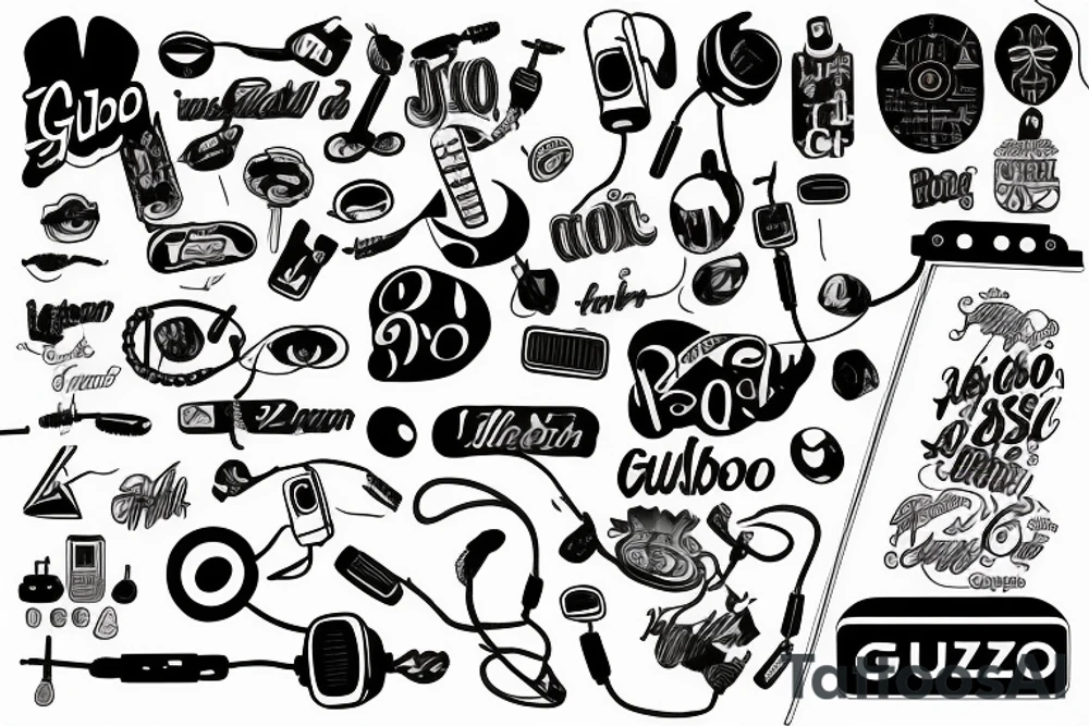 "Guizbo" headphone jack cable as lettering music themed rock and roll tattoo idea