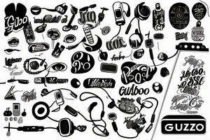 "Guizbo" headphone jack cable as lettering music themed rock and roll tattoo idea