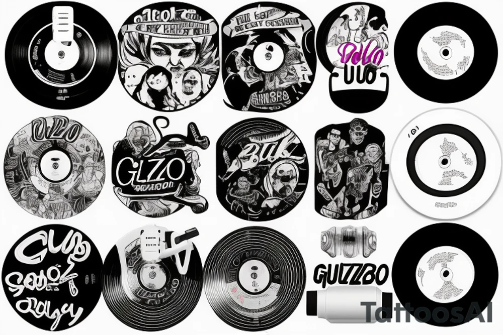 "Guizbo" headphone jack cable as lettering music themed rock and roll djing vinyl disc tattoo idea