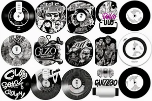 "Guizbo" headphone jack cable as lettering music themed rock and roll djing vinyl disc tattoo idea