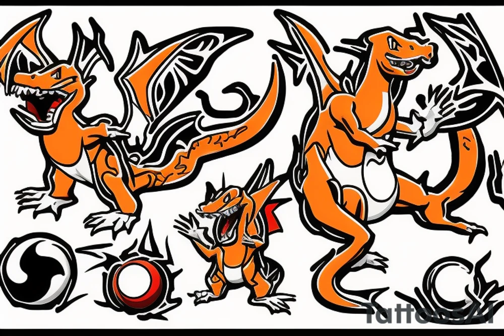 Charizard bursting from a poke ball tattoo idea