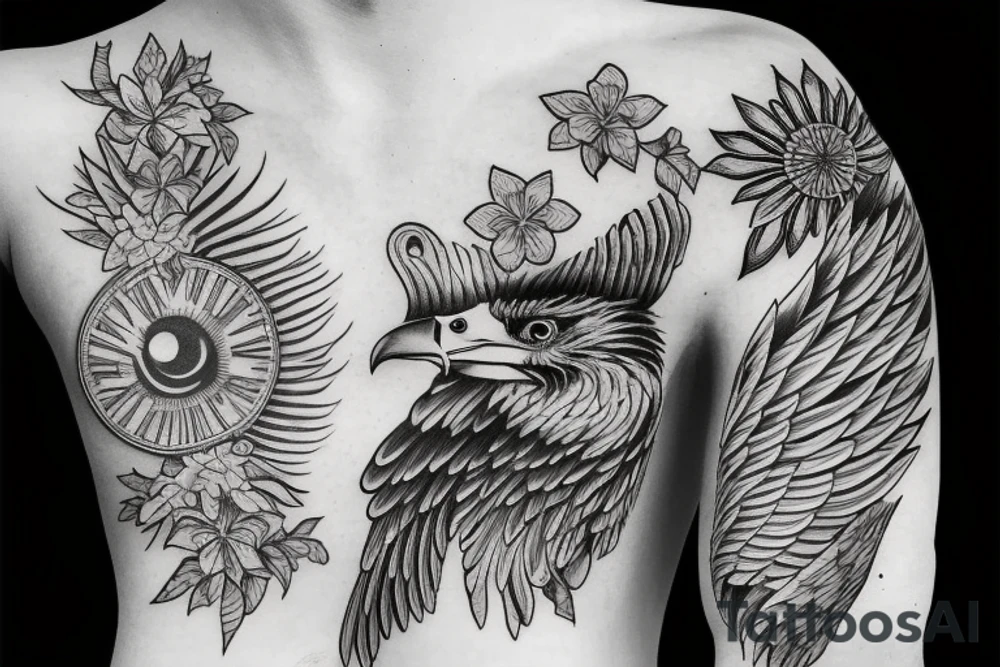 Filipino eagle, three stars and a sun, sampagita flowers tattoo idea