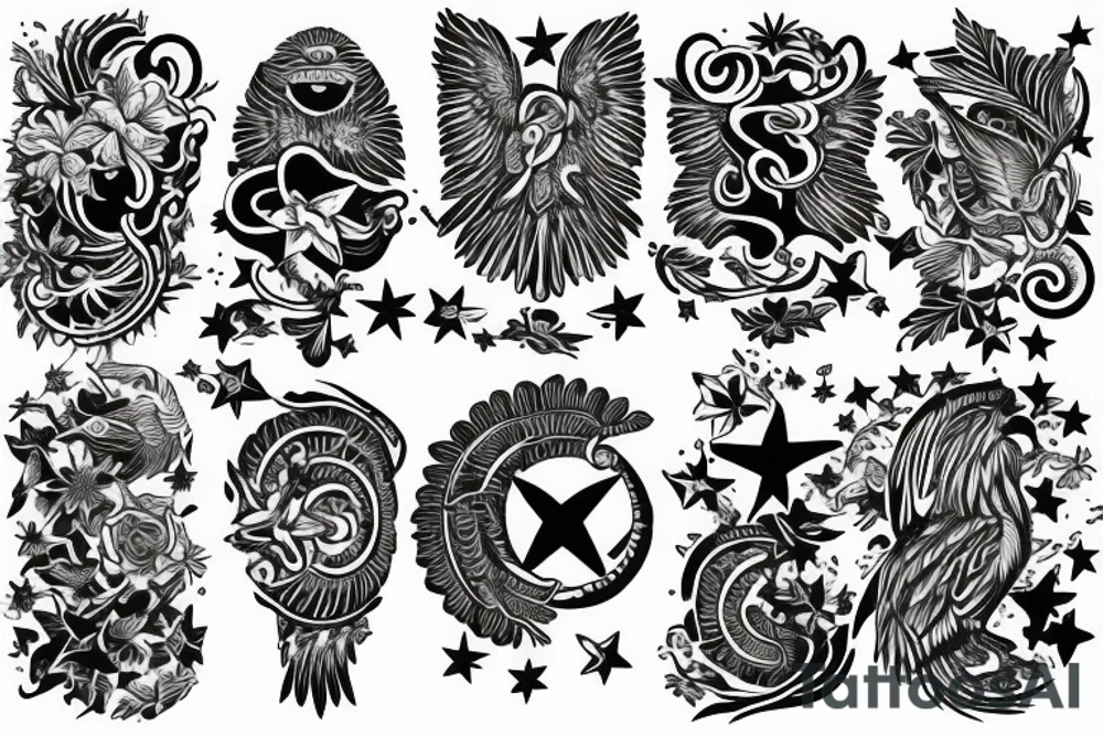 Filipino eagle, three stars and a sun, sampagita flowers tattoo idea