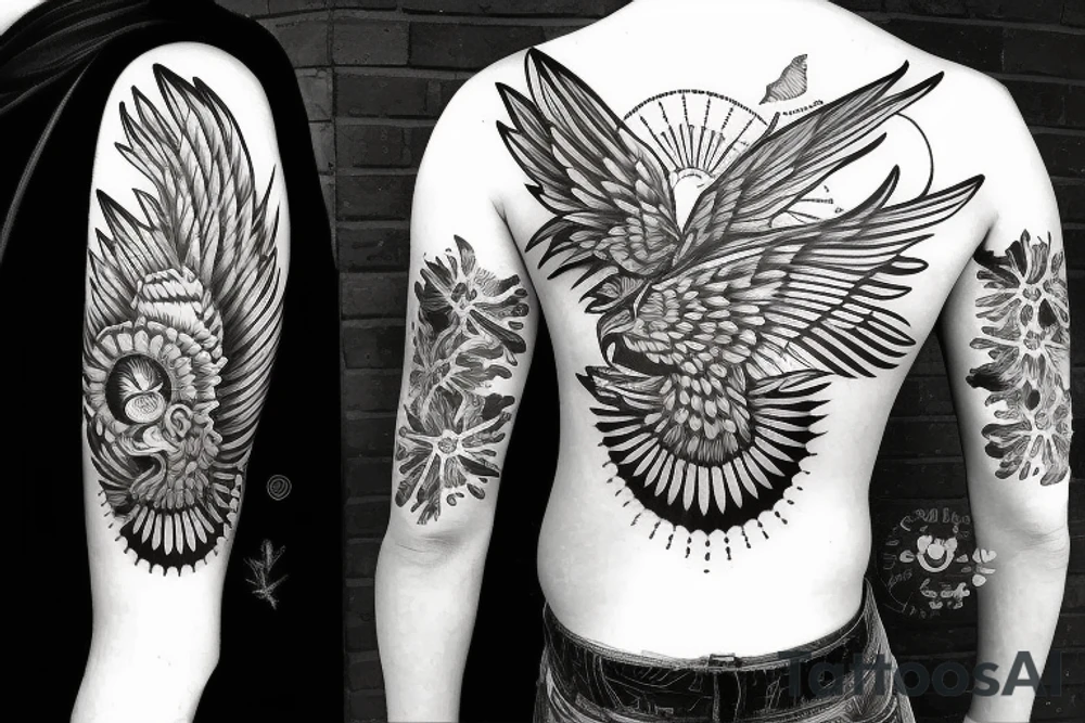 Filipino eagle, 3 stars and a sun, sampagita flowers tattoo idea