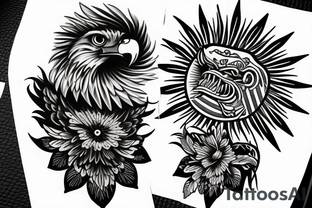Filipino eagle, 3 stars and a sun, sampagita flowers tattoo idea