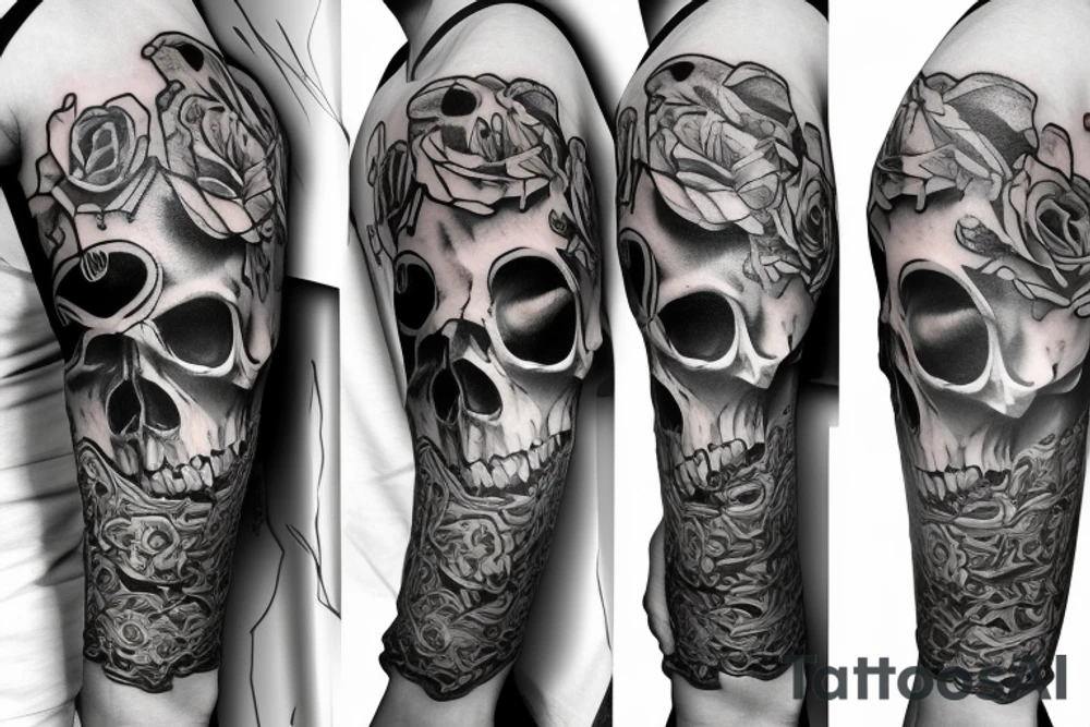 A skull sleeve tattoo with religious symbolism tattoo idea