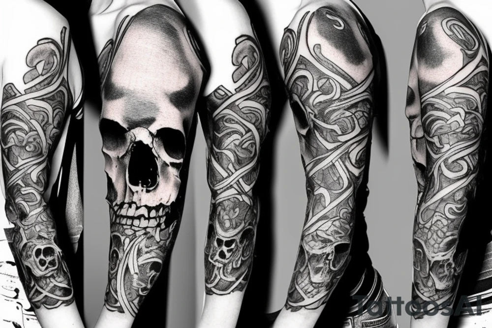 A skull sleeve tattoo with religious symbolism tattoo idea