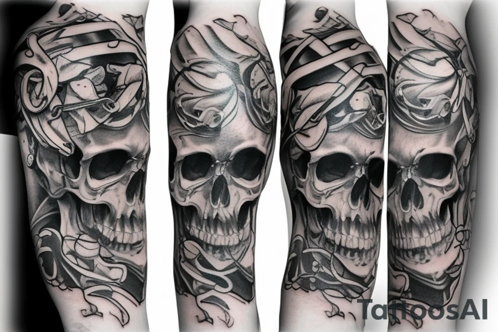 A skull sleeve tattoo with snake and cross tattoo idea