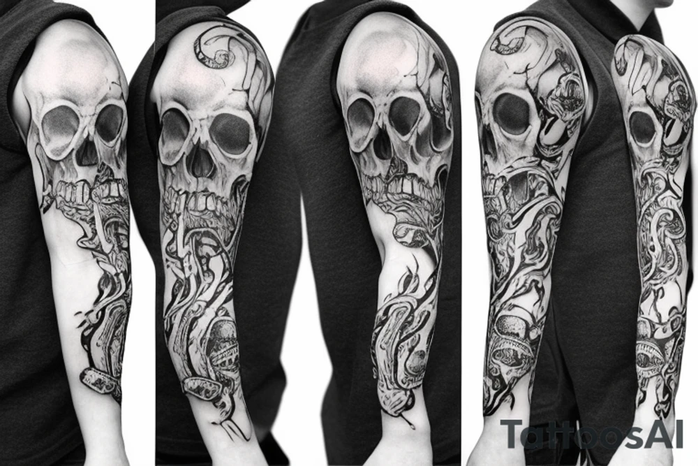 A realistic and complex skull sleeve tattoo with snake and cross tattoo idea