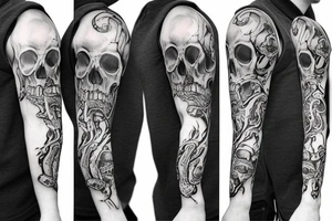 A realistic and complex skull sleeve tattoo with snake and cross tattoo idea