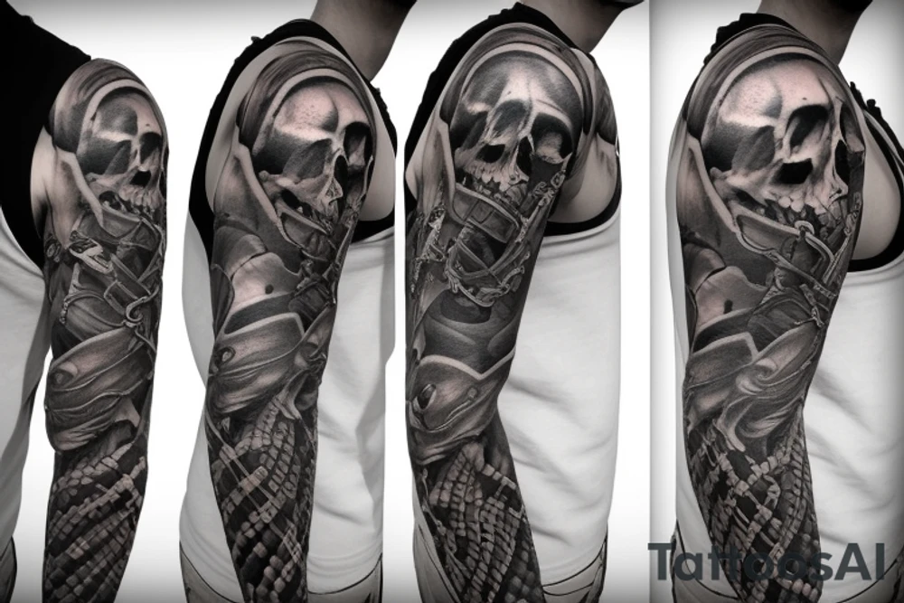 A realistic and complex skull sleeve tattoo with snake and cross tattoo idea