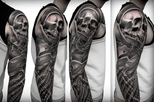 A realistic and complex skull sleeve tattoo with snake and cross tattoo idea