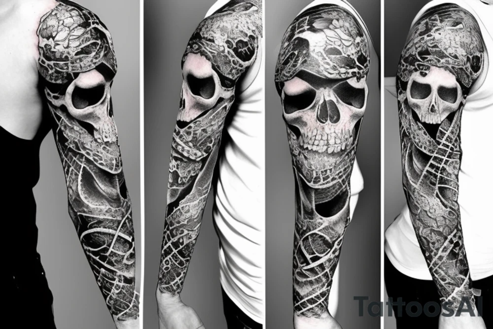 A realistic and complex skull sleeve tattoo with snake and cross tattoo idea