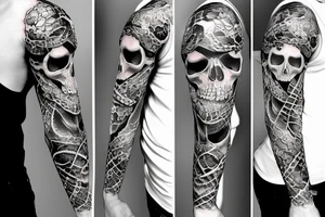 A realistic and complex skull sleeve tattoo with snake and cross tattoo idea