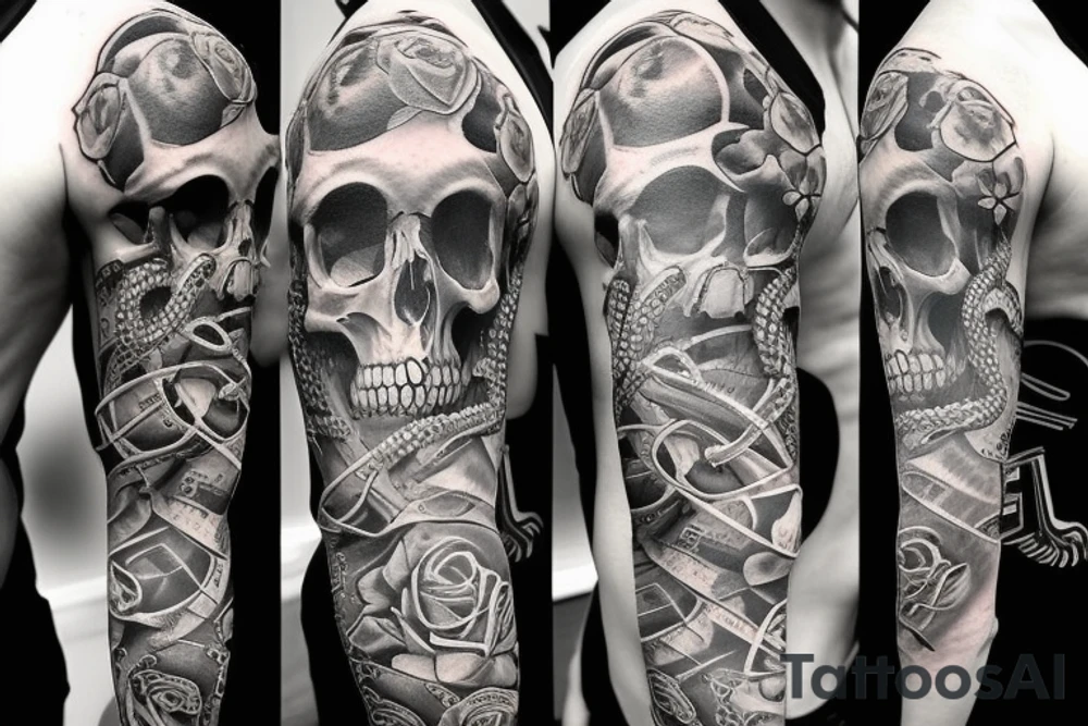 A realistic and complex skull sleeve tattoo with snake and cross tattoo idea