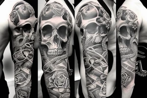 A realistic and complex skull sleeve tattoo with snake and cross tattoo idea