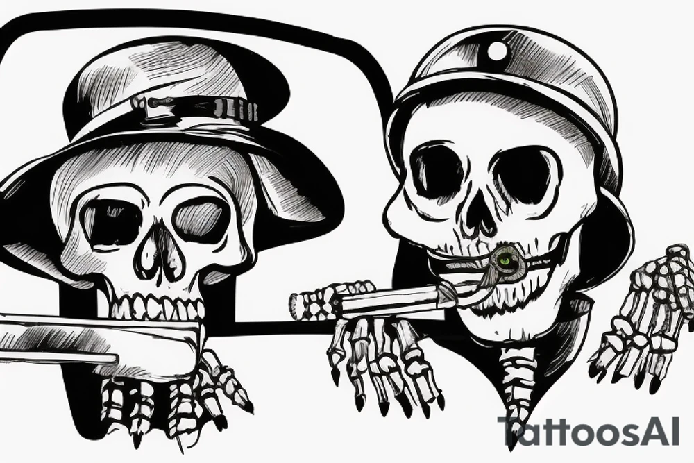 A skeleton with a cigarette in its mouth hanging out of a truck window wearing a military helmet tattoo idea