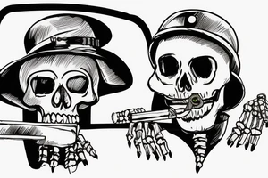 A skeleton with a cigarette in its mouth hanging out of a truck window wearing a military helmet tattoo idea