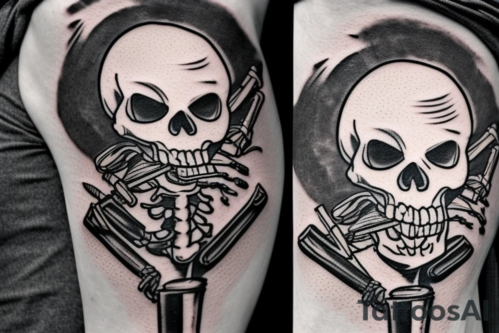 A skeleton with a cigarette in its mouth hanging out of a truck window wearing a military helmet tattoo idea