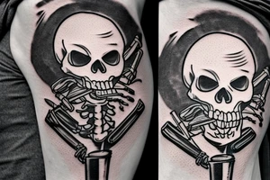 A skeleton with a cigarette in its mouth hanging out of a truck window wearing a military helmet tattoo idea