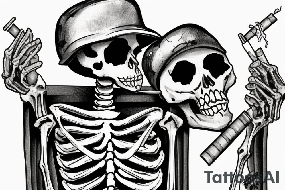 A dead skeleton with a cigarette in its mouth hanging out of a truck window wearing a military helmet tattoo idea