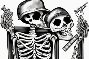 A dead skeleton with a cigarette in its mouth hanging out of a truck window wearing a military helmet tattoo idea