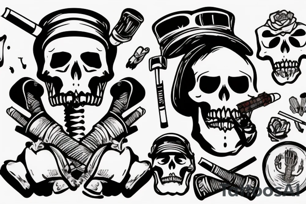 A dead skeleton with a cigarette in its mouth hanging out of a truck window wearing a military helmet tattoo idea