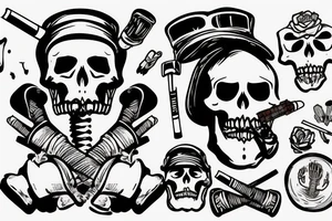 A dead skeleton with a cigarette in its mouth hanging out of a truck window wearing a military helmet tattoo idea