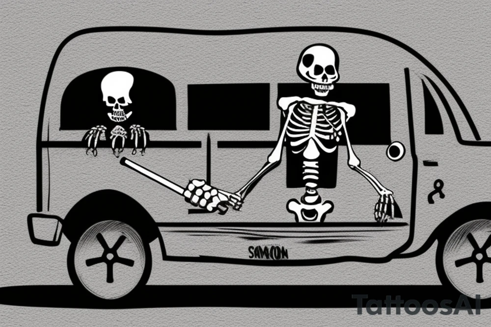 A dead skeleton with a cigarette in its mouth hanging out of a truck window wearing a military helmet tattoo idea