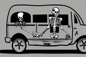 A dead skeleton with a cigarette in its mouth hanging out of a truck window wearing a military helmet tattoo idea