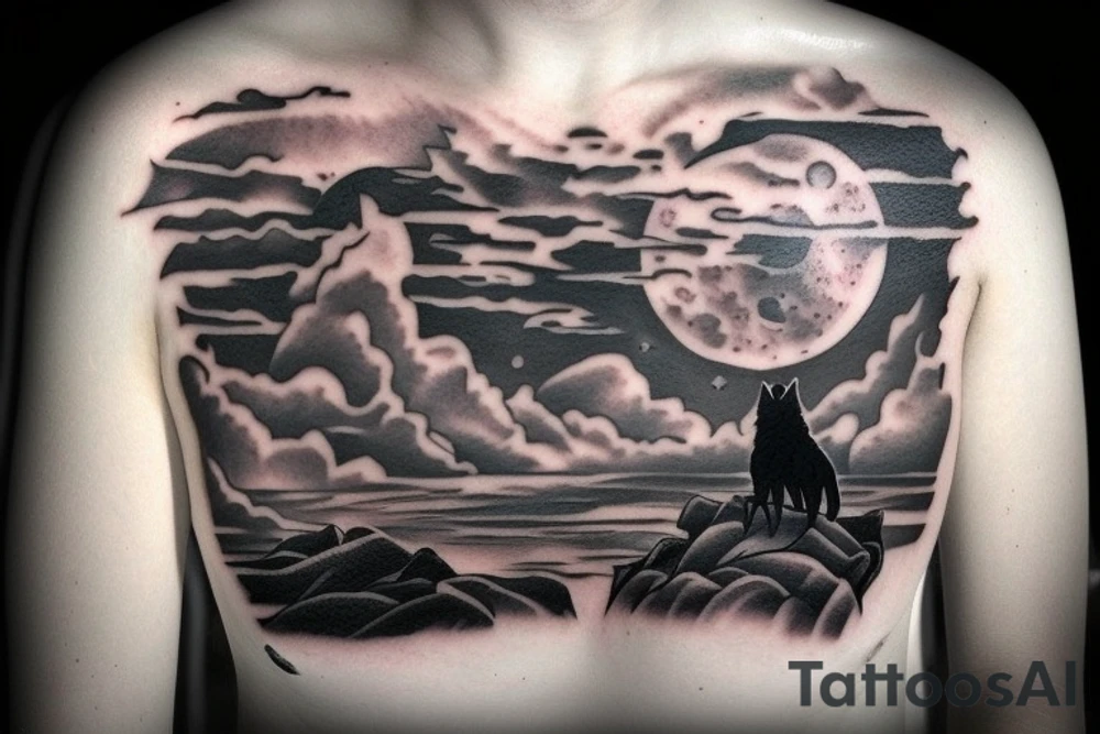 A lone survivor and his wolf on top of a rock under a full moon tattoo idea