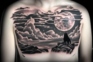A lone survivor and his wolf on top of a rock under a full moon tattoo idea