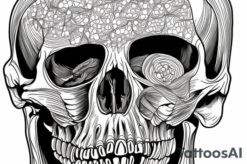 anatomical drawing of a full size skeleton, simple lines in black and white, thin lines, extremely detailed tattoo idea