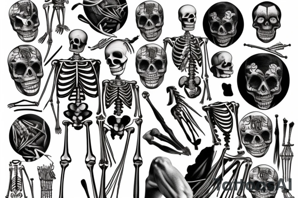anatomical drawing of a full size skeleton, simple lines in black and white, extremely detailed tattoo idea