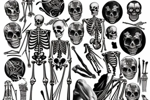 anatomical drawing of a full size skeleton, simple lines in black and white, extremely detailed tattoo idea