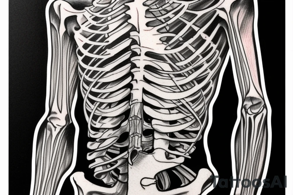anatomical drawing of a full size skeleton, simple lines in black and white, extremely detailed tattoo idea