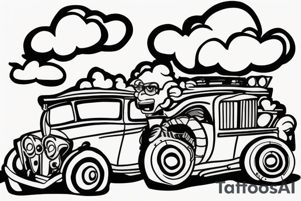 car with a cloud underneath and a trippy guy drive it tattoo idea