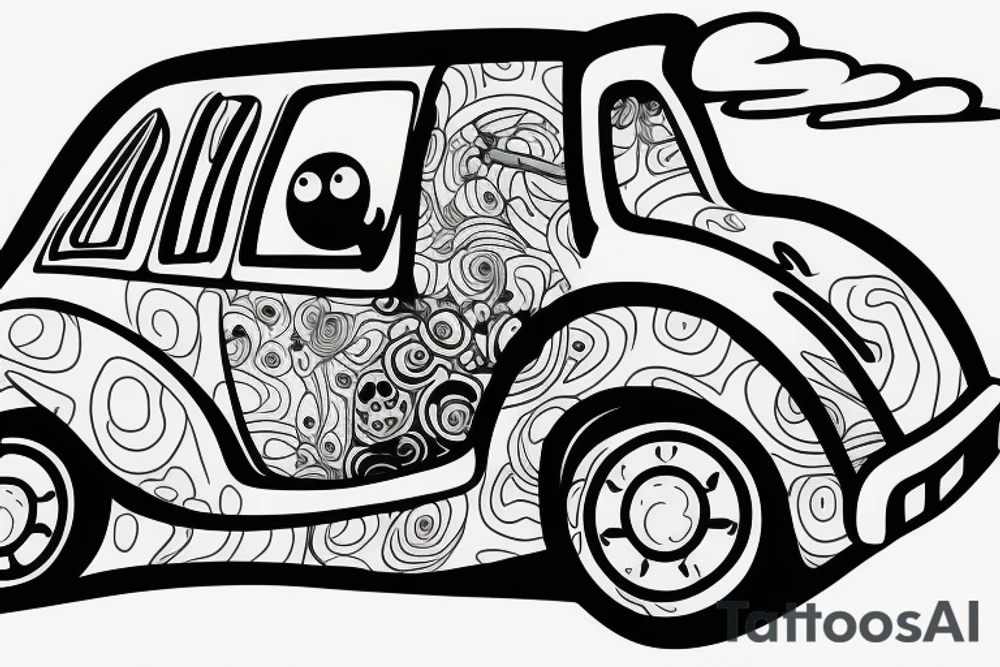 car with a cloud underneath and a trippy guy drive it tattoo idea