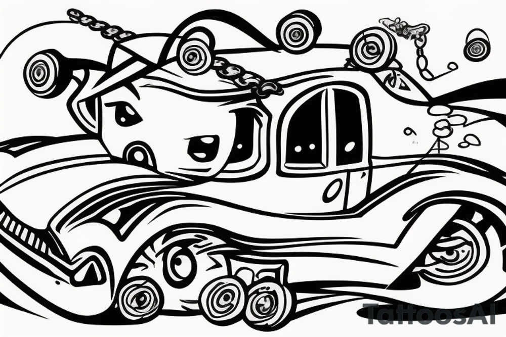 trippy guy driving a floating car tattoo idea