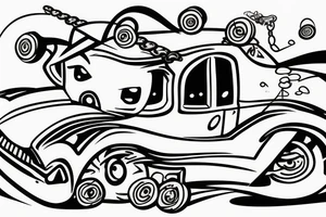 trippy guy driving a floating car tattoo idea